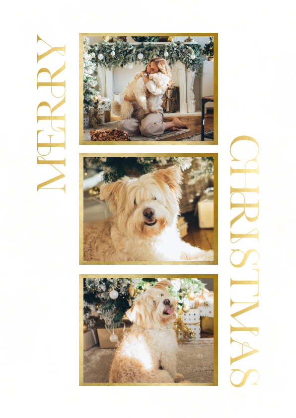 Fotokaarten - Fotokaart kerst met gouden tekst en drie fotos