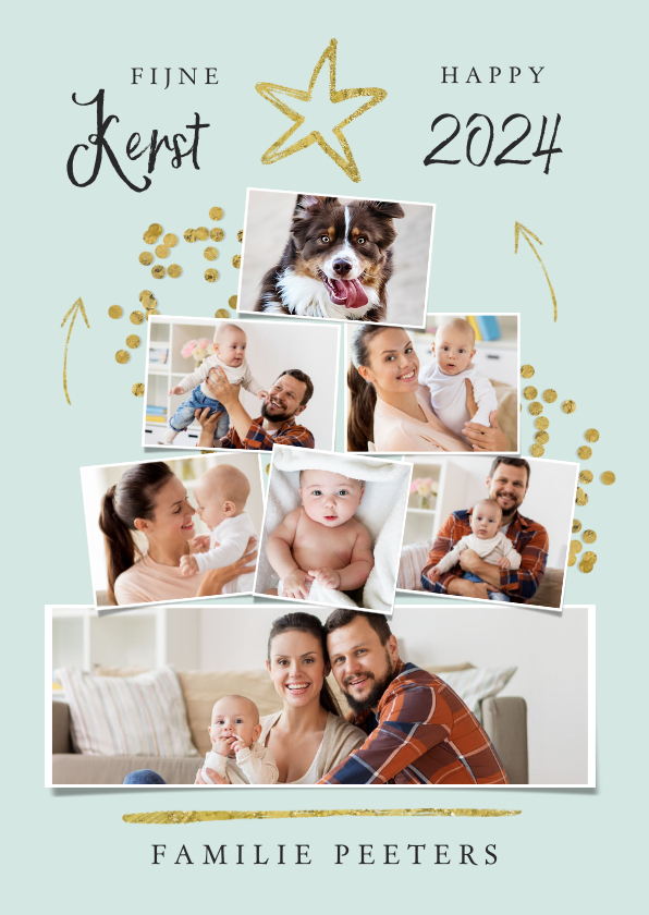Fotokaart kerstboom collage goud confetti ster - Fotokaarten Fotokaarten - Fotokaart kerstboom collage goud confetti ster