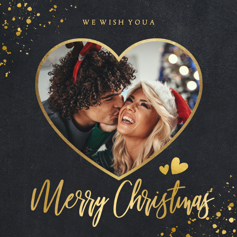 Fotokaart kerstkaart zwart met gouden hart met foto - Fotokaarten Fotokaarten - Fotokaart kerstkaart zwart met gouden hart met foto