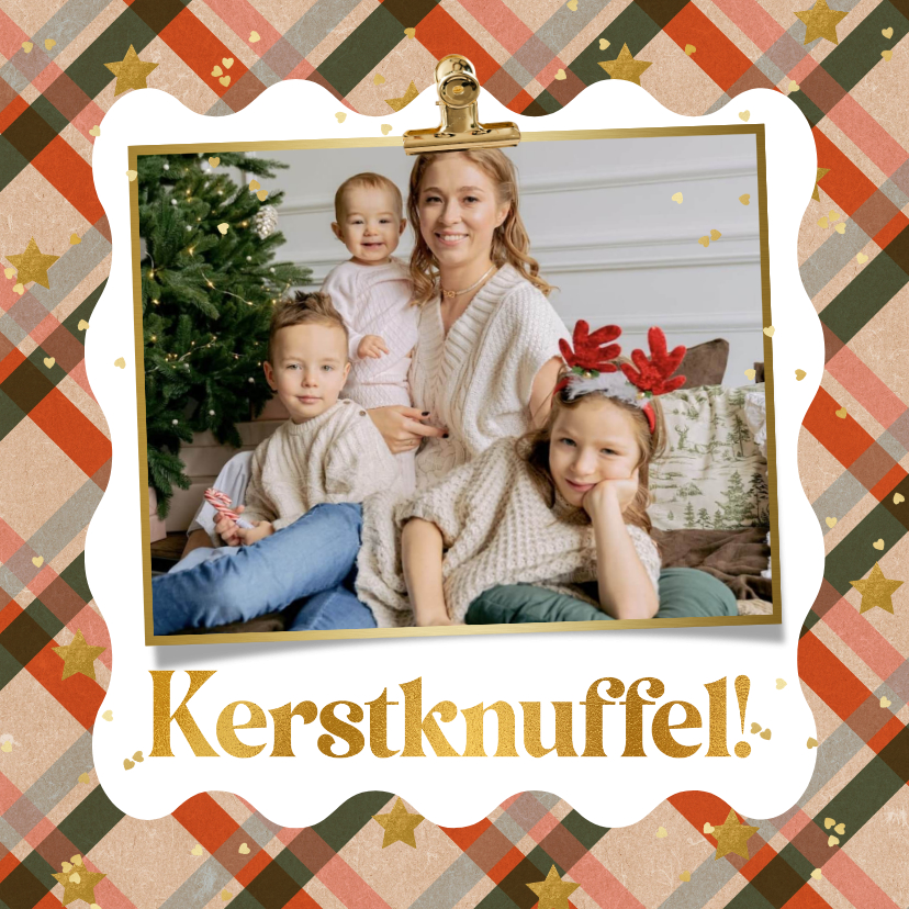 Fotokaart Kerstknuffel foto kerstruit goud hartjes ster - Fotokaarten Fotokaarten - Fotokaart Kerstknuffel foto kerstruit goud hartjes ster