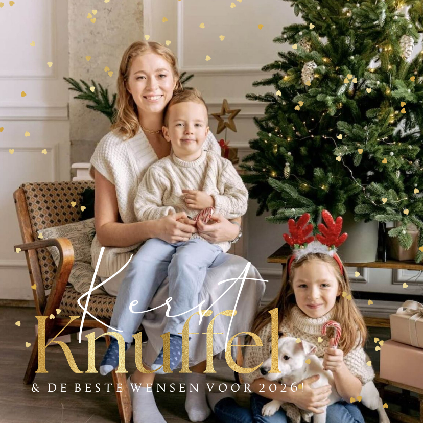 Fotokaart kerstknuffel hartjesconfetti goud - Fotokaarten Fotokaarten - Fotokaart kerstknuffel hartjesconfetti goud