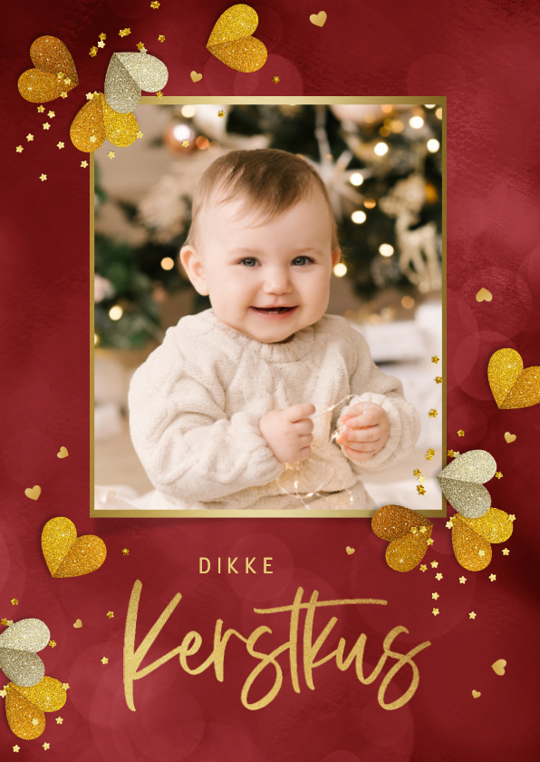Fotokaart kerstkus rood hartjes goud foto liefde - Fotokaarten Fotokaarten - Fotokaart kerstkus rood hartjes goud foto liefde