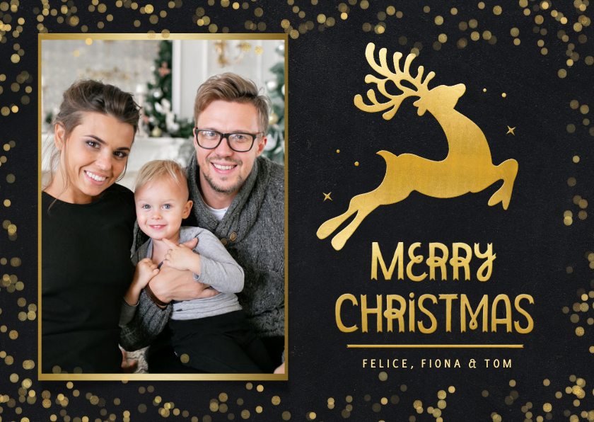 Fotokaart kerstmis - kerstkaart met rendier in goud en foto - Fotokaarten Fotokaarten - Fotokaart kerstmis - kerstkaart met rendier in goud en foto