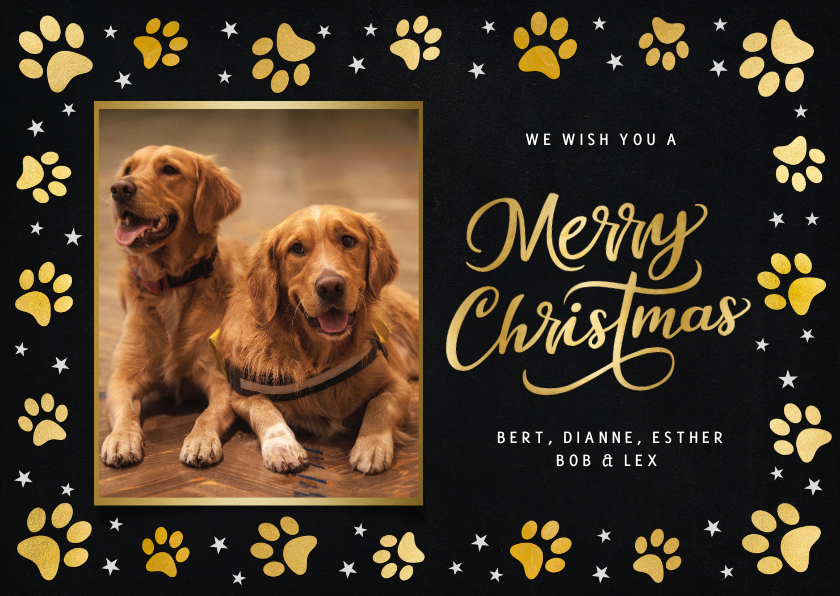 Fotokaarten - Fotokaart kerstmis - met foto van hond en gouden pootafdruk
