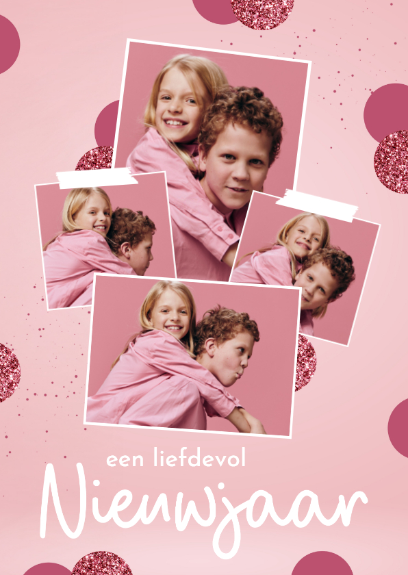 Fotokaarten - Fotokaart liefdevol nieuwjaar roze glitterconfetti collage