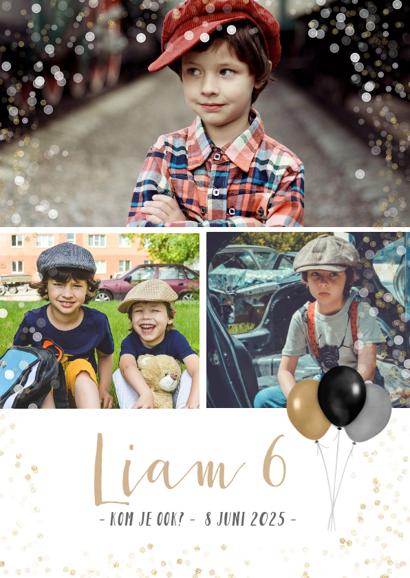 Fotokaarten - Fotokaart met 3 foto's en feestthema ballonnen en confetti