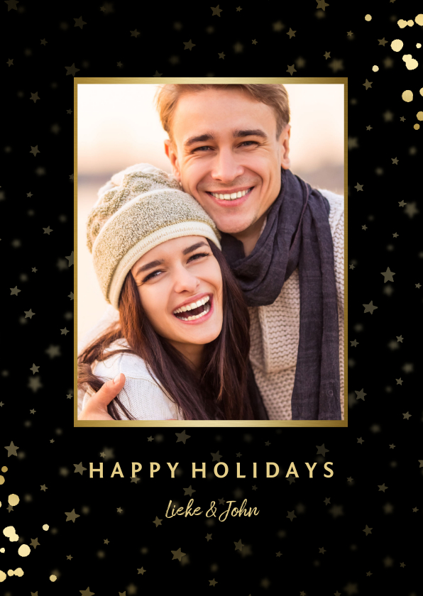 Fotokaart met sterren, foto en gouden confetti - Fotokaarten Fotokaarten - Fotokaart met sterren, foto en gouden confetti