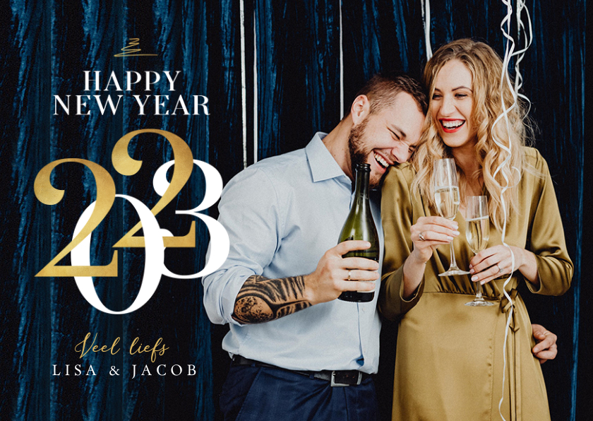 Fotokaart nieuwjaar goud 2023 happy new year sterren - Fotokaarten Fotokaarten - Fotokaart nieuwjaar goud 2023 happy new year sterren