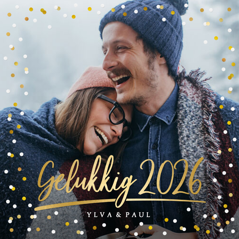 Fotokaart nieuwjaar met 1 grote foto en confetti kader - Fotokaarten Fotokaarten - Fotokaart nieuwjaar met 1 grote foto en confetti kader