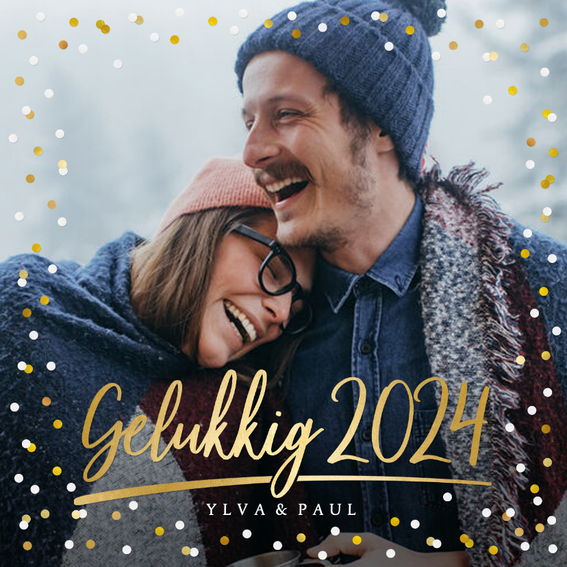 Fotokaart nieuwjaar met 1 grote foto en confetti kader - Fotokaarten Fotokaarten - Fotokaart nieuwjaar met 1 grote foto en confetti kader