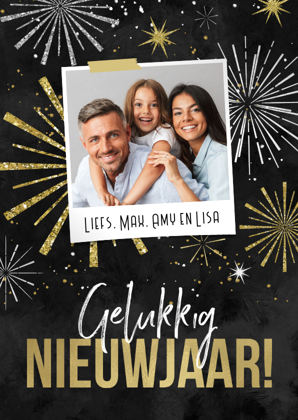 Fotokaart nieuwjaar vuurwerk oliebollen champagne foto - Fotokaarten Fotokaarten - Fotokaart nieuwjaar vuurwerk oliebollen champagne foto