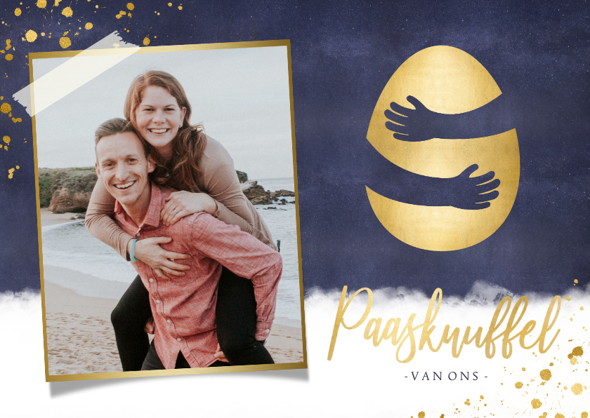 Fotokaart paasknuffel stijlvol met gouden ei en eigen foto - Fotokaarten Fotokaarten - Fotokaart paasknuffel stijlvol met gouden ei en eigen foto