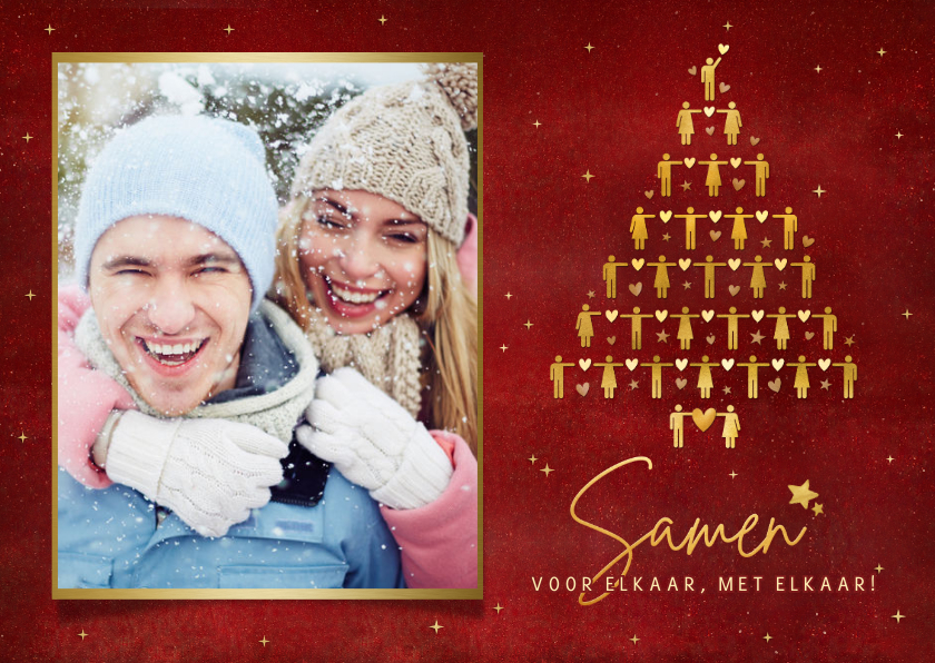 Fotokaart rood met gouden kerstboom van poppetjes - Fotokaarten Fotokaarten - Fotokaart rood met gouden kerstboom van poppetjes