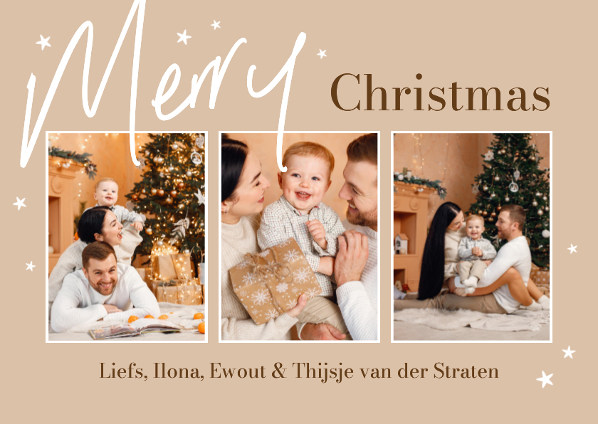 Fotokaarten - Fotokaart sterren beige foto's merry christmas