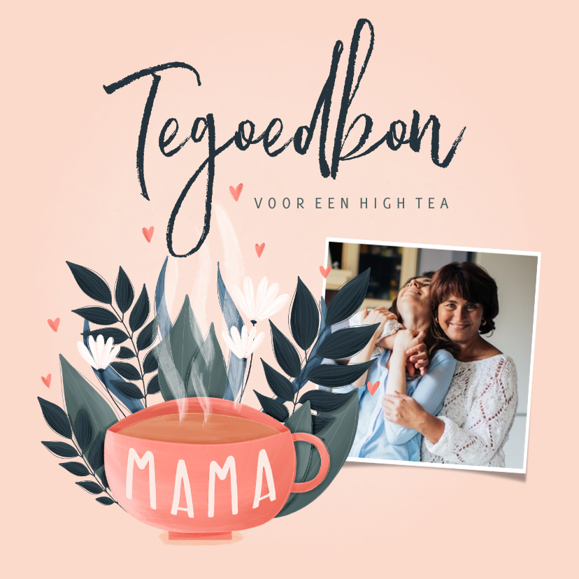 Fotokaart tegoedbon theekopje met plantjes en hartjes - Fotokaarten Fotokaarten - Fotokaart tegoedbon theekopje met plantjes en hartjes
