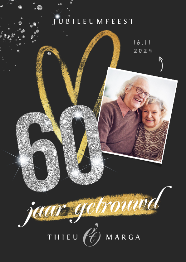 Fotokaarten - Fotokaart uitnodiging 60 jaar diamant foto glitter goud