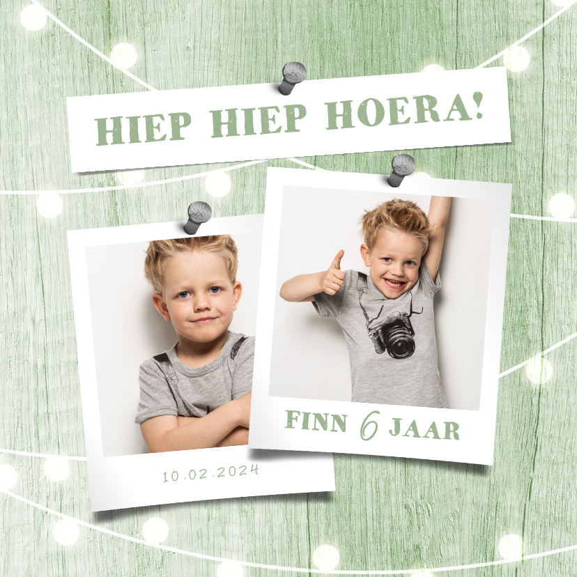 Fotokaart uitnodiging houtlook groen lampjes met foto - Fotokaarten Fotokaarten - Fotokaart uitnodiging houtlook groen lampjes met foto