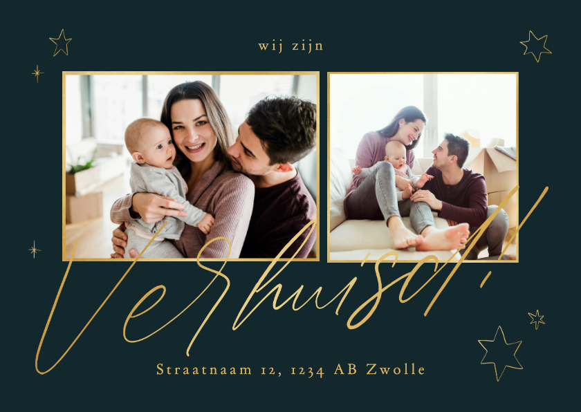 Fotokaart verhuisd 2 foto's goud met inkt sterren - Fotokaarten Fotokaarten - Fotokaart verhuisd 2 foto's goud met inkt sterren