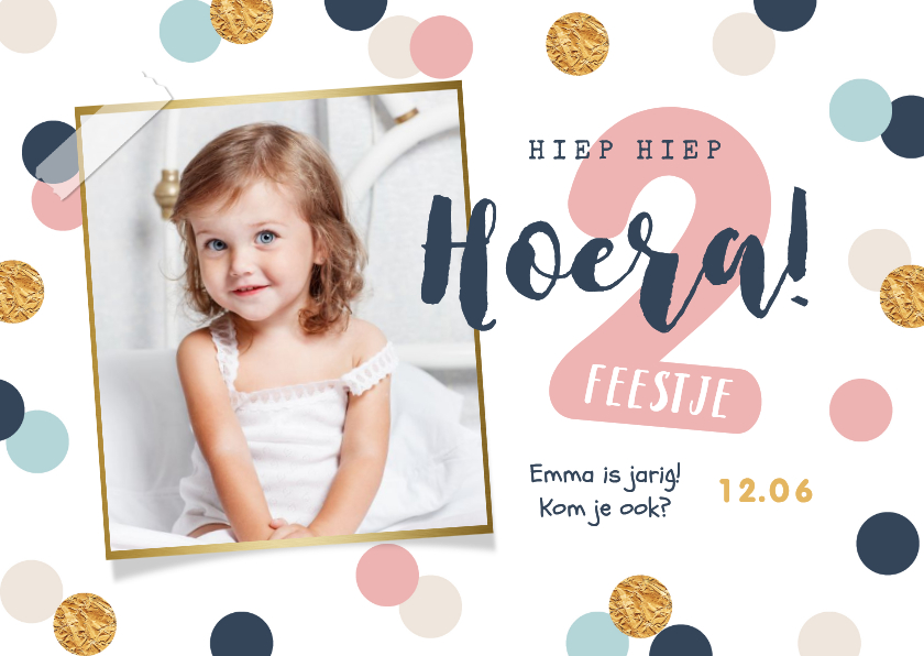 Fotokaarten - Fotokaart verjaardag kind meisje confetti goud vrolijk