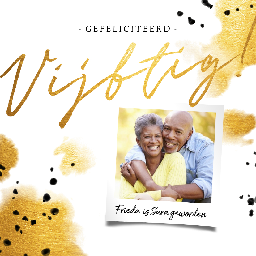 Fotokaart 'vijftig' met foto en gouden waterverf - Fotokaarten Fotokaarten - Fotokaart 'vijftig' met foto en gouden waterverf