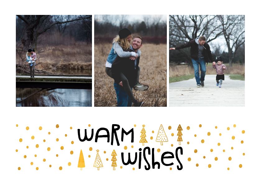 Fotokaart 'warm wishes' goudlook met foto's - Fotokaarten Fotokaarten - Fotokaart 'warm wishes' goudlook met foto's