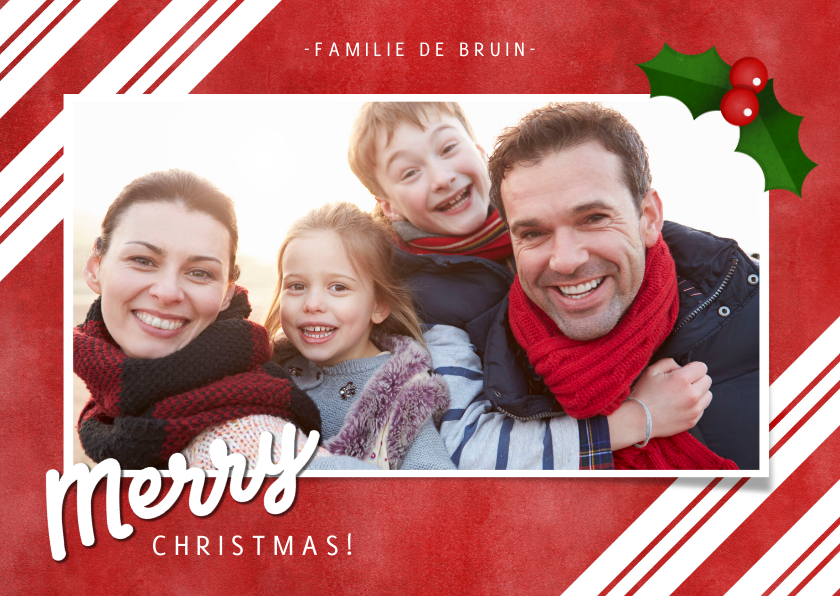 Fotokaart zuurstok strepen, grote foto en Merry Christmas! - Fotokaarten Fotokaarten - Fotokaart zuurstok strepen, grote foto en Merry Christmas!