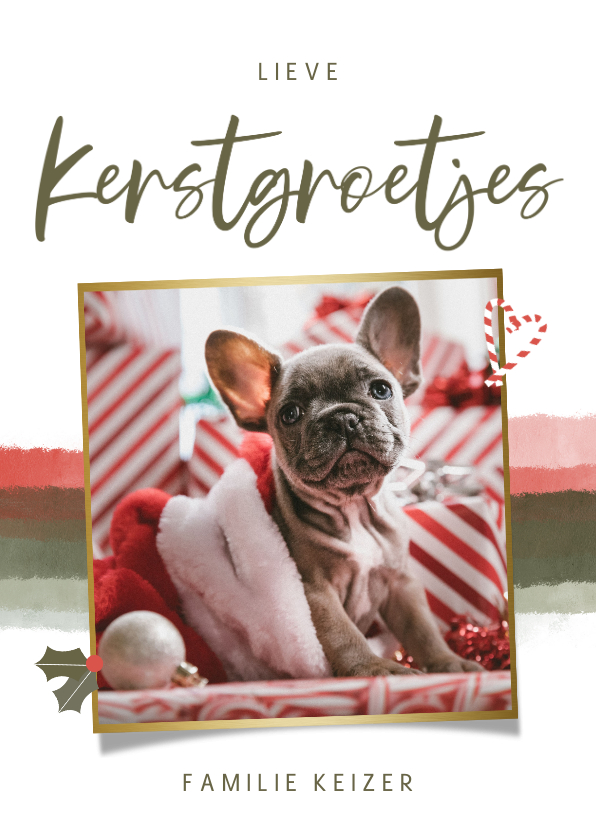 Fotokaartje kerstgroetjes met waterverf hulst zuurstok - Fotokaarten Fotokaarten - Fotokaartje kerstgroetjes met waterverf hulst zuurstok