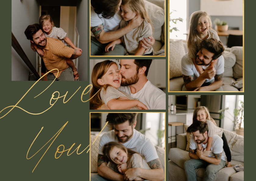 Fotokaartje 'Love You!' goud fotocollage 6 foto's - Fotokaarten Fotokaarten - Fotokaartje 'Love You!' goud fotocollage 6 foto's