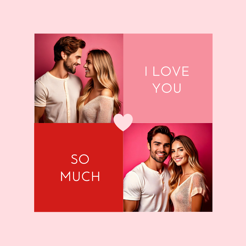 Fotokaartje Valentijnsdag vierkant fotocollage roze - Fotokaarten Fotokaarten - Fotokaartje Valentijnsdag vierkant fotocollage roze