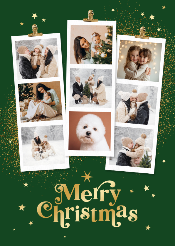 Fotostrip collagekaart merry christmas goud sterren - Fotokaarten Fotokaarten - Fotostrip collagekaart merry christmas goud sterren