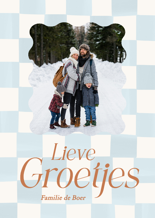 Fotokaarten - Geblokt fotokaartje lichtblauw groetjes winter