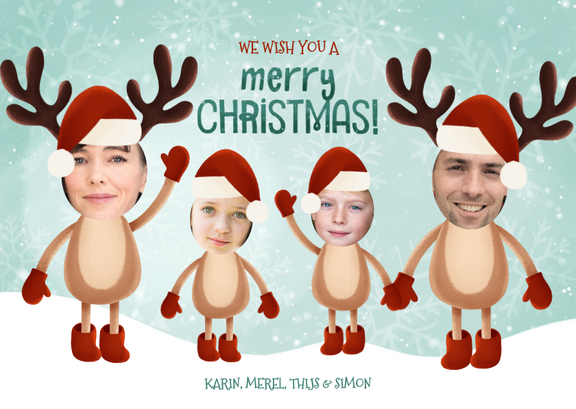 Grappige kerst fotokaart rendieren kerstmutsen Kaartje2go