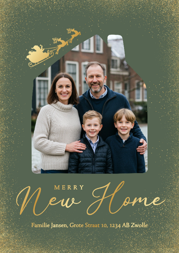 Groene foto kerstkaart merry new home met kerstman goud - Fotokaarten Fotokaarten - Groene foto kerstkaart merry new home met kerstman goud