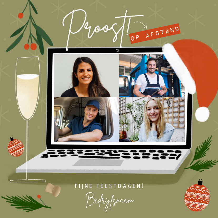 Hippe fotocollage kaart proost op afstand laptop kerstsfeer - Fotokaarten Fotokaarten - Hippe fotocollage kaart proost op afstand laptop kerstsfeer