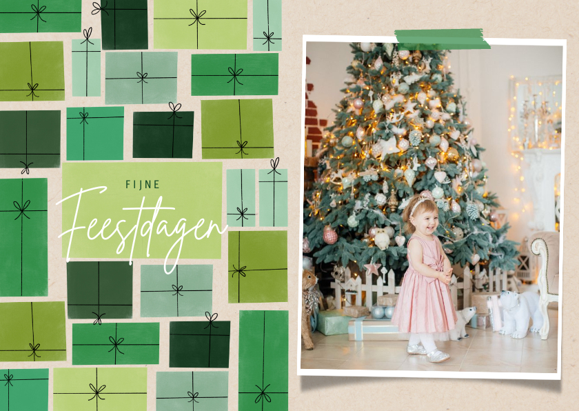 Hippe fotokaart fijne feestdagen kerst en groene cadeau's - Fotokaarten Fotokaarten - Hippe fotokaart fijne feestdagen kerst en groene cadeau's