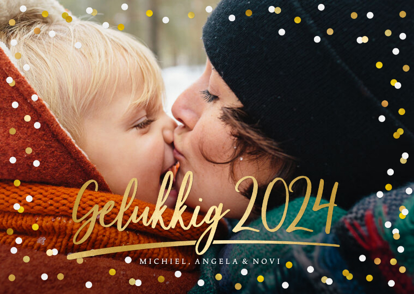 Hippe fotokaart met 1 grote foto en gouden en witte confetti - Fotokaarten Fotokaarten - Hippe fotokaart met 1 grote foto en gouden en witte confetti
