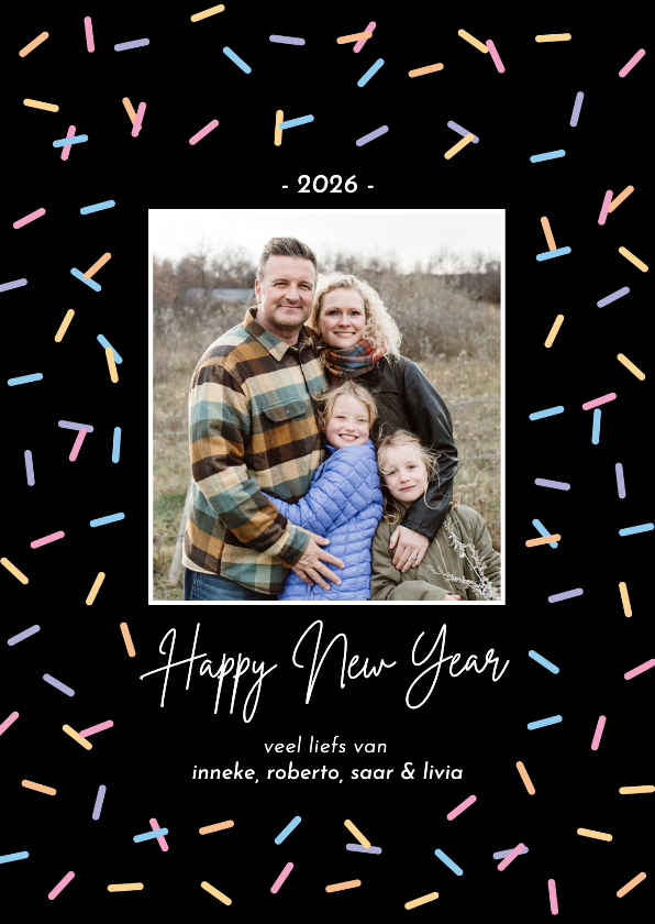 Hippe fotokaart nieuwjaar met vrolijke sprinkles foto - Fotokaarten Fotokaarten - Hippe fotokaart nieuwjaar met vrolijke sprinkles foto