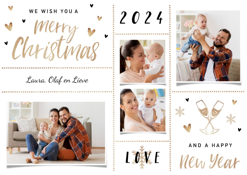 Hippe goudlook kerstkaart met hartjes en goudaccenten - Fotokaarten Fotokaarten - Hippe goudlook kerstkaart met hartjes en goudaccenten