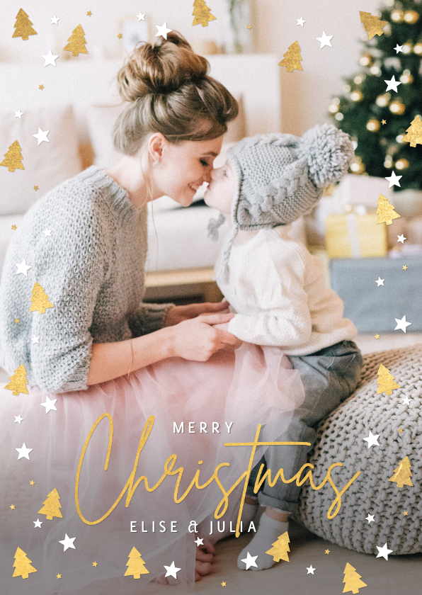 Hippe kerstkaart met 1 grote foto en kerstboompjes kader - Fotokaarten Fotokaarten - Hippe kerstkaart met 1 grote foto en kerstboompjes kader