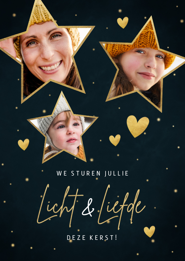 Kerst fotokaart met sterren, hartjes Licht & Liefde - Fotokaarten Fotokaarten - Kerst fotokaart met sterren, hartjes Licht & Liefde