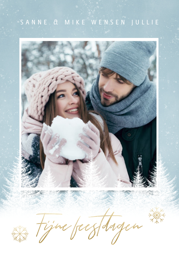 Kerst fotokaart sneeuwvlokken, bomen en 'Fijne Feestdagen' - Fotokaarten Fotokaarten - Kerst fotokaart sneeuwvlokken, bomen en 'Fijne Feestdagen'