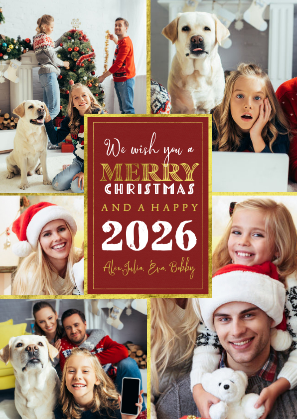 Kerstkaart kerst nieuw rood fotocollage goud sterren - Fotokaarten Fotokaarten - Kerstkaart kerst nieuw rood fotocollage goud sterren