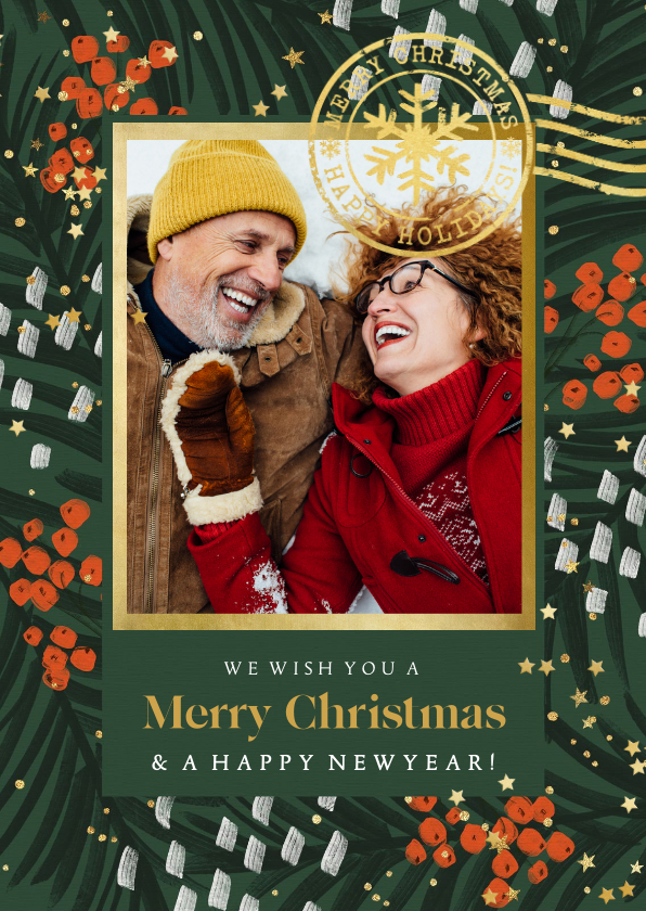 Kerstkaart met foto stijlvol dennentakken foto stempel goud - Fotokaarten Fotokaarten - Kerstkaart met foto stijlvol dennentakken foto stempel goud
