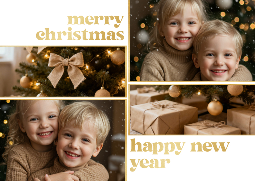 Fotokaarten - Kerstkaartjes vier foto's gouden spetters merry christmas