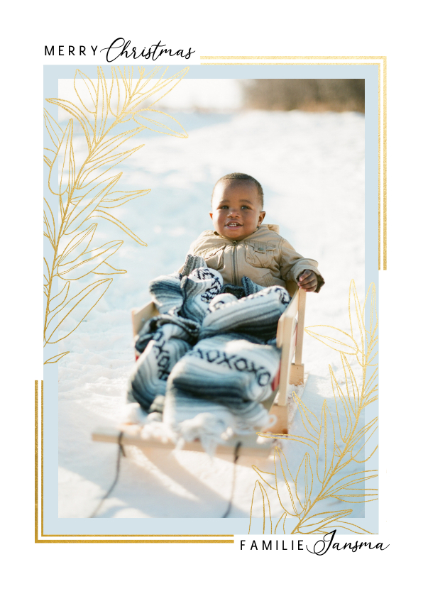 Klassieke fotokaart kerst met grote foto kader en gouden tak - Fotokaarten Fotokaarten - Klassieke fotokaart kerst met grote foto kader en gouden tak