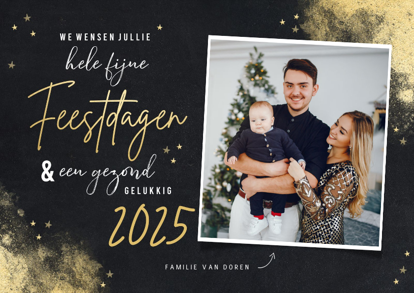Krijtbordlook fotokaart fijne feestdagen 2026 gouden sterren - Fotokaarten Fotokaarten - Krijtbordlook fotokaart fijne feestdagen 2026 gouden sterren