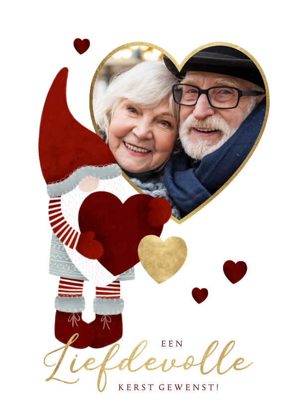 Liefdevolle kerst fotokaart met kerstman kabouter en hartjes - Fotokaarten Fotokaarten - Liefdevolle kerst fotokaart met kerstman kabouter en hartjes