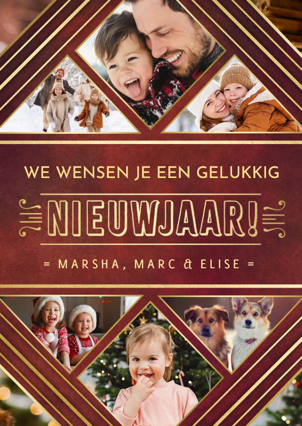 Rode foto nieuwjaarskaart met foto's in driehoekjes en ruit - Fotokaarten Fotokaarten - Rode foto nieuwjaarskaart met foto's in driehoekjes en ruit