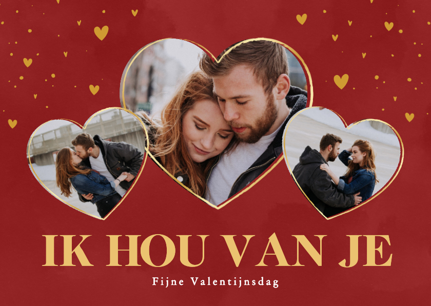 Rood fotokaartje valentijn drie foto's en hartjes - Fotokaarten Fotokaarten - Rood fotokaartje valentijn drie foto's en hartjes