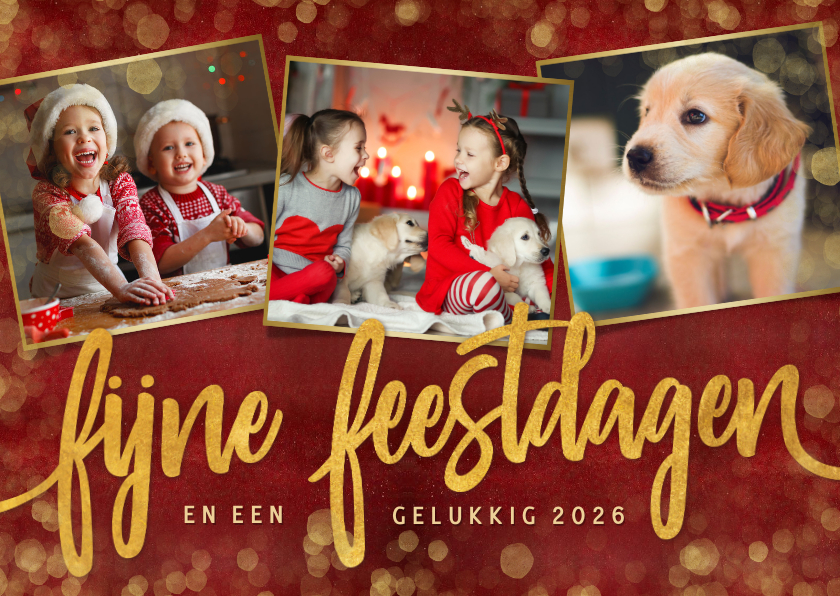 Sfeervolle rode kerst fotokaart met 3 foto's en gouden tekst - Fotokaarten Fotokaarten - Sfeervolle rode kerst fotokaart met 3 foto's en gouden tekst